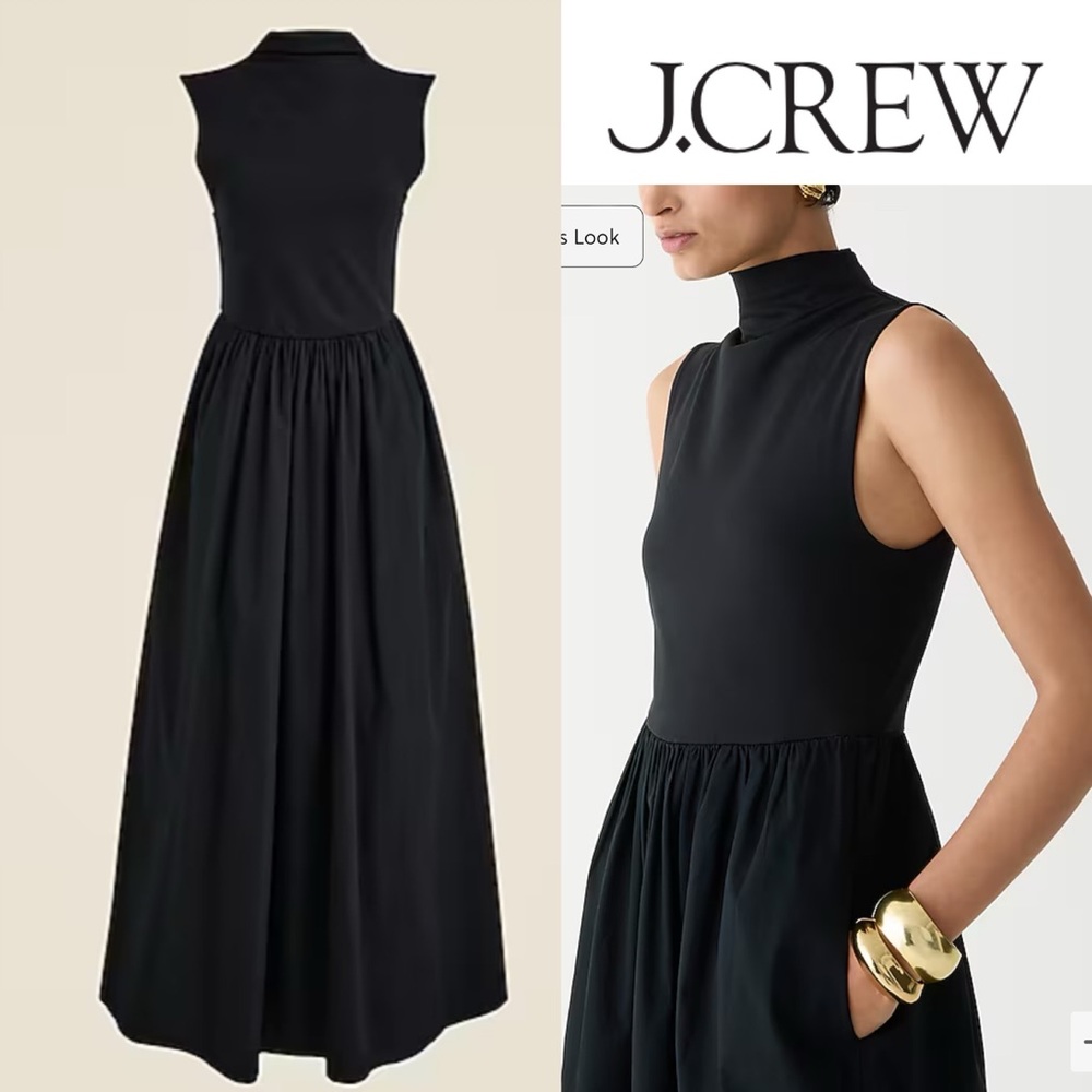 NWT J. Crew Fitted knit mockneck dress with poplin skirt Black Sz XS